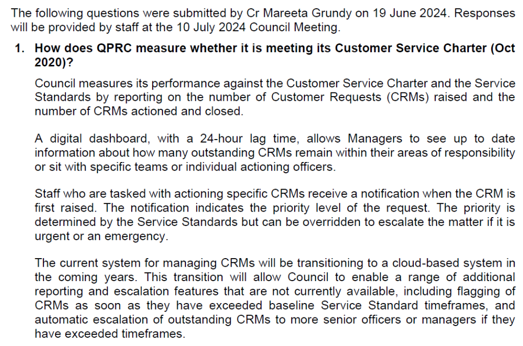 Response from Richards and Flint to question from Cr. Grundy about how QPRC measure customer service response times.